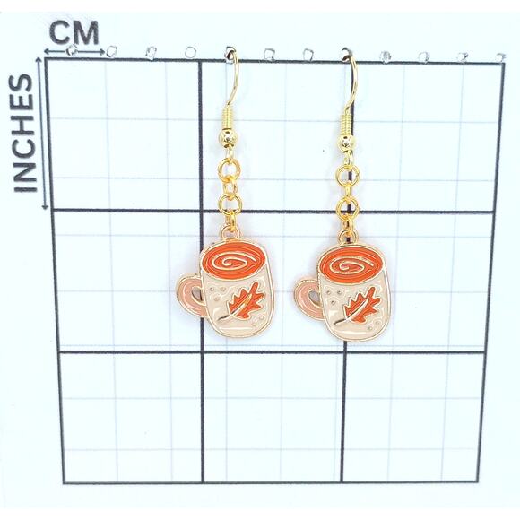 Fall Coffee Cup Earrings ☕🍁 Autumn Leaf Latte Dangle Jewelry - Picture 3 of 4